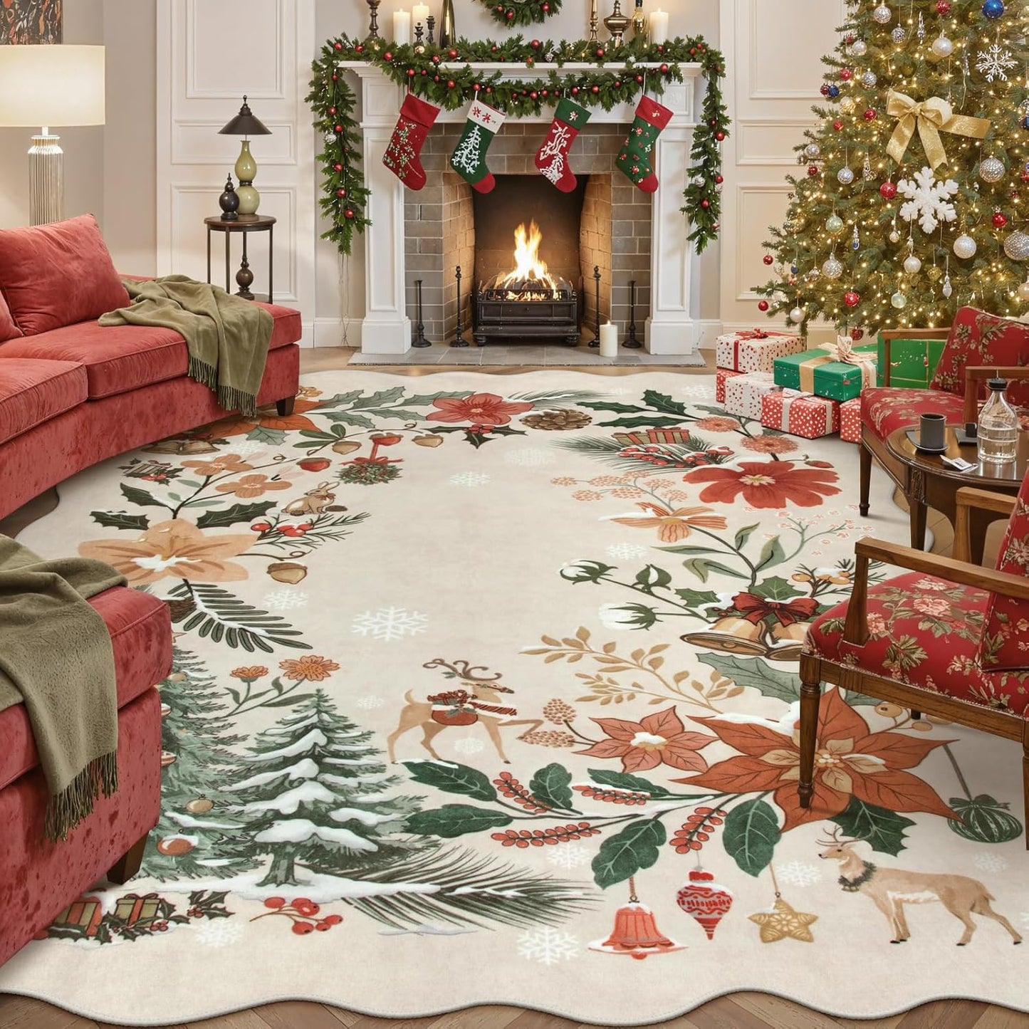 Lahome Floral Christmas Rugs for Living Room and Office Decor