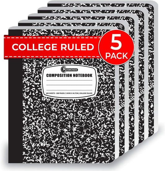 Rosmonde 5 Pack College Ruled Composition Notebooks, 200 Pages, Stylish Marble Design