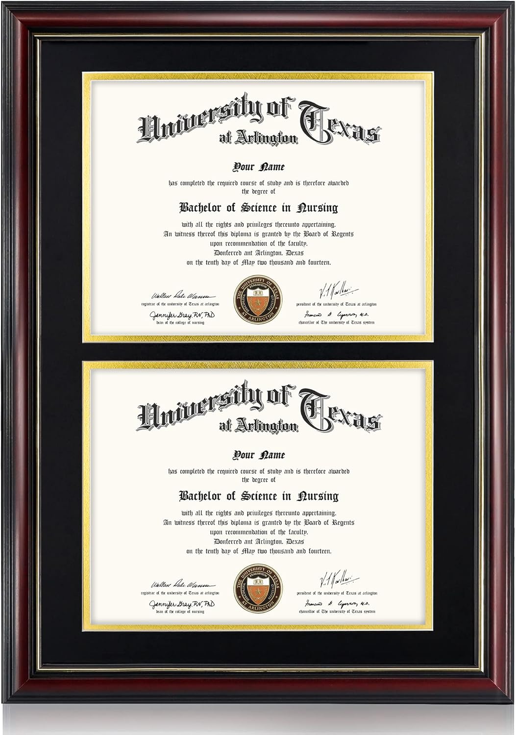 Double 8.5x11 Diploma Frame with Cherry Finish and Gold Trim