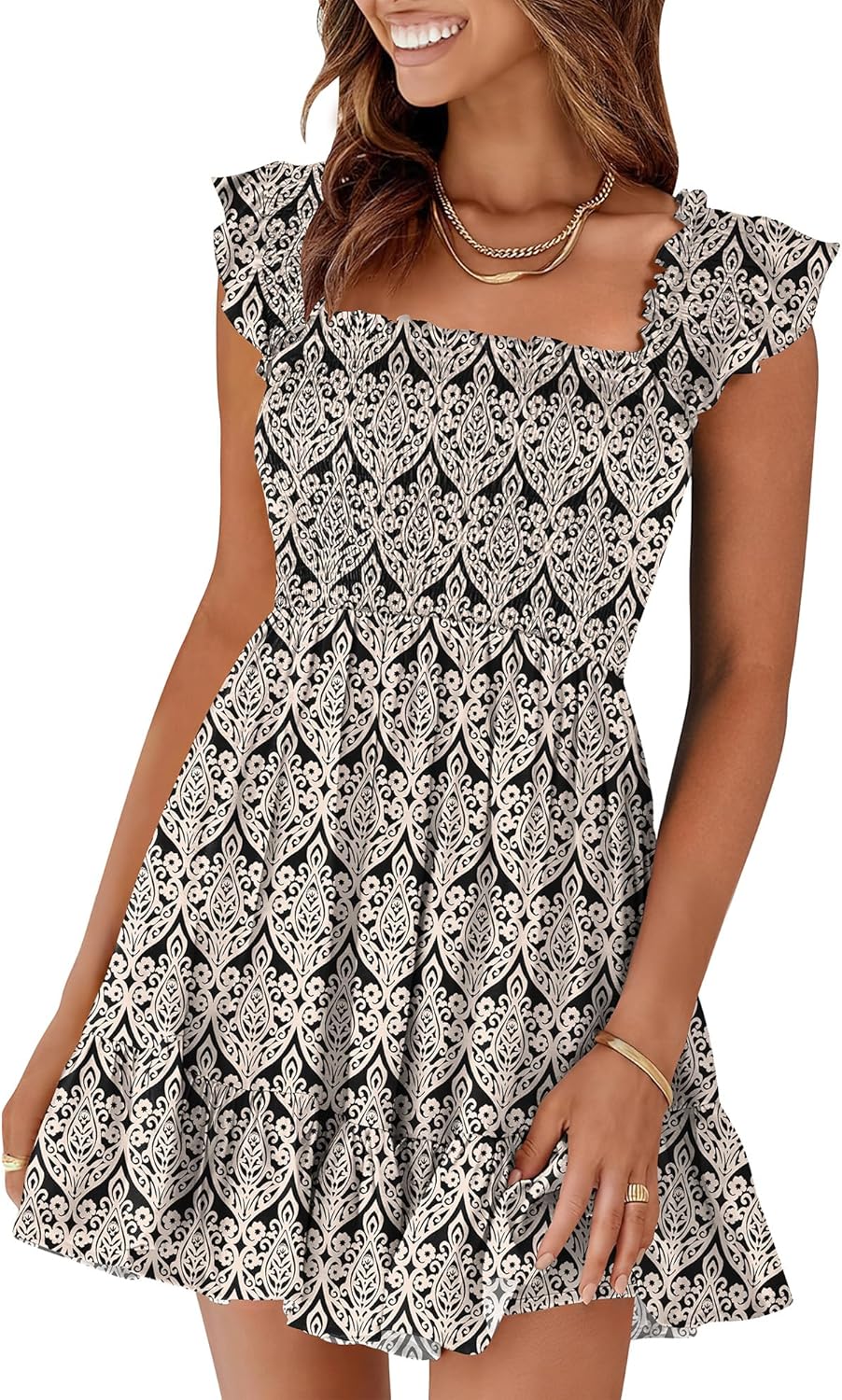 Prinbara Womens Summer Casual Square Neck Smocked Sundress