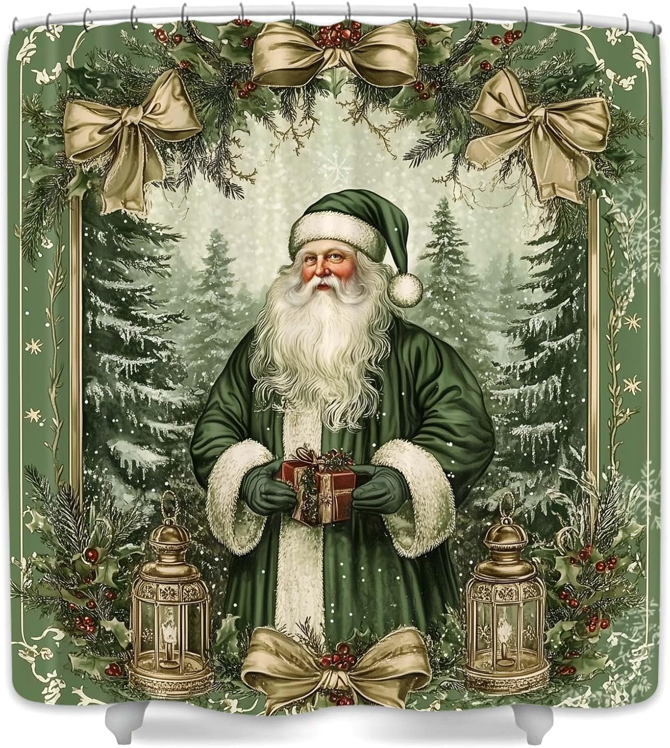 Vintage Christmas Shower Curtain Set - Festive Retro Santa & Green Tree