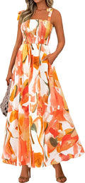 Womens Floral Smocked Maxi Dress Sleeveless A-Line - Flowy