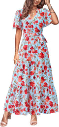 MASCOMODA Womens Swiss Dot Maxi Dress - Flowy Boho Wrap V Neck Casual