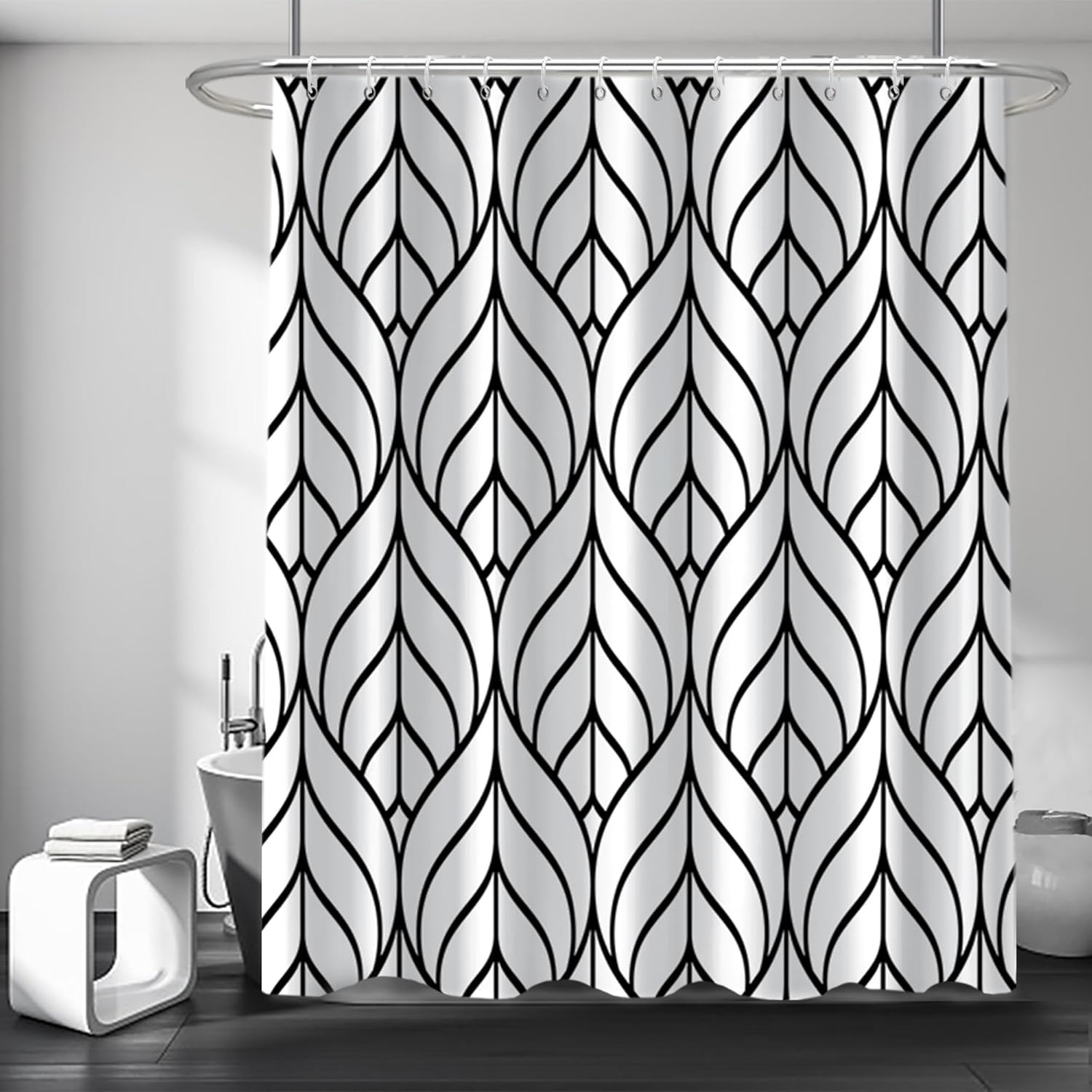 Modern Black Striped Shower Curtain Set - Waterproof Polyester 72x72 Inch