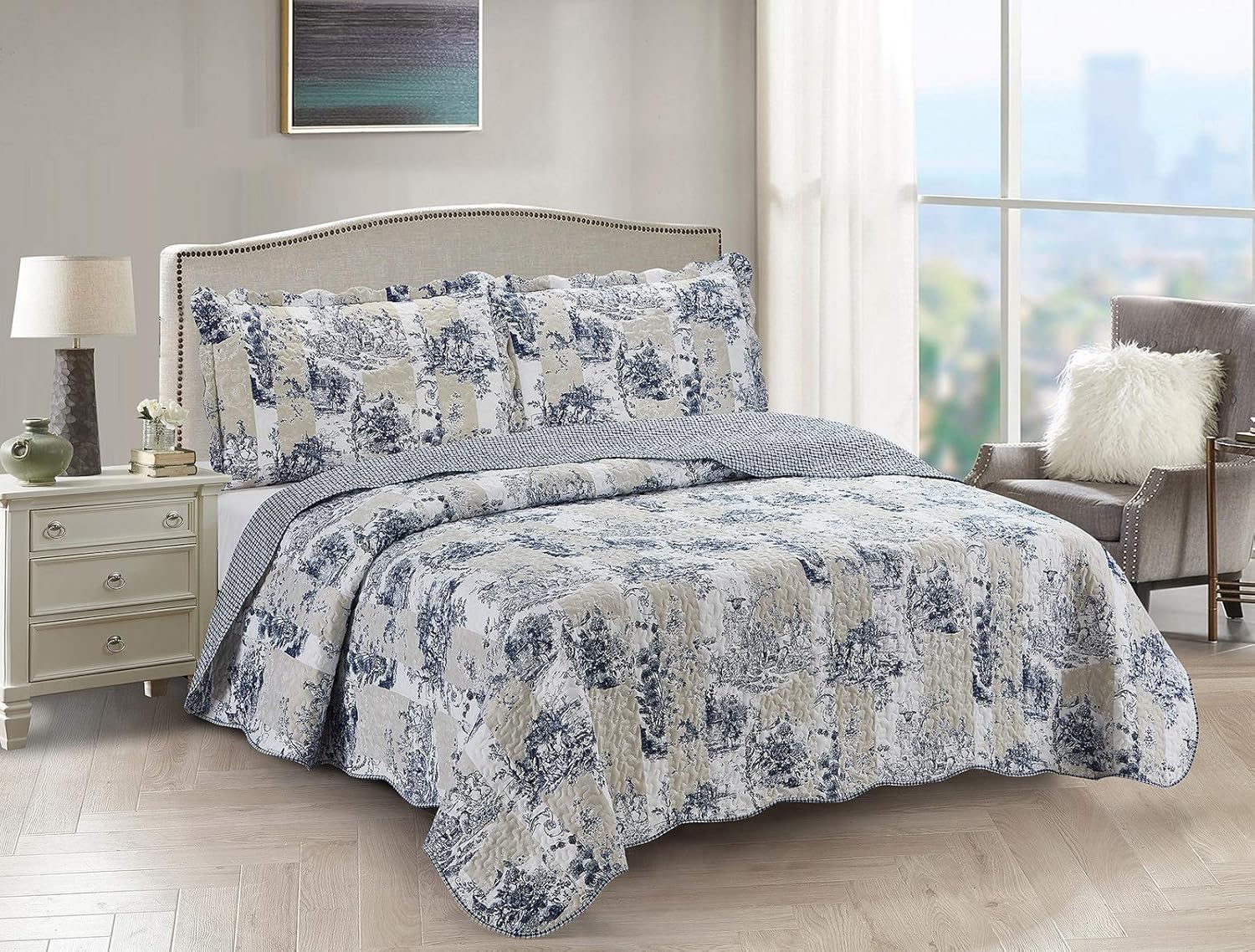 Brilliant Sunshine Blue Toile Quilt Set in Beige and Ivory Patches