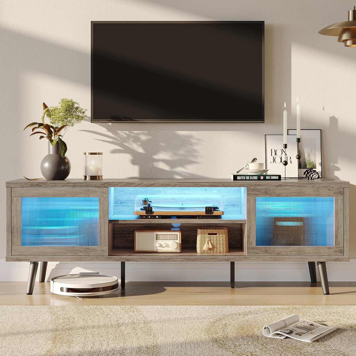 Modern 75 TV Stand with Sliding Doors - Grey