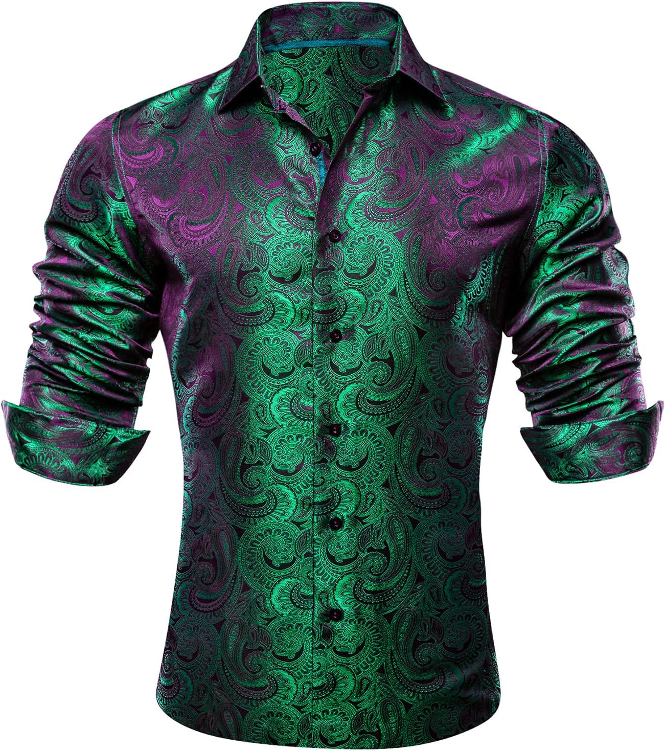 Barry.Wang Men Dress Shirts Paisley 70s Disco Silk Tops