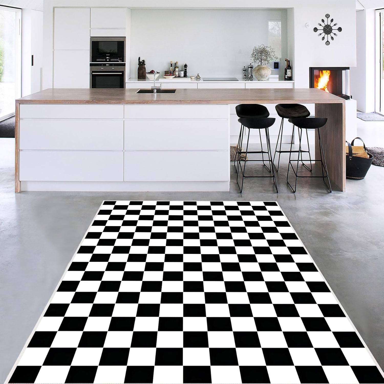 Checkered Rug 5x7 Large Washable Black and White for Home