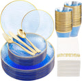 Clear Blue Gold Plastic Dinnerware Set for 25 Guests - Elegant