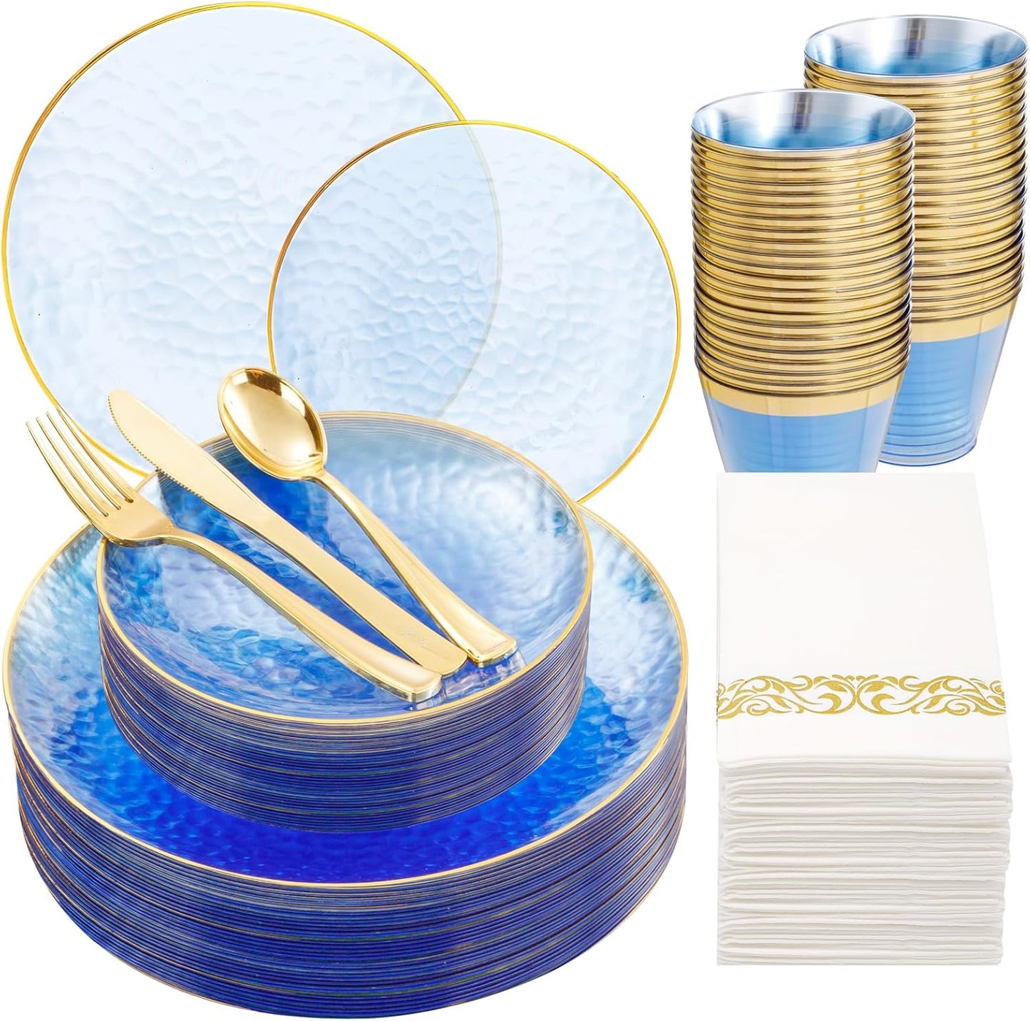 175PCS Clear Blue Gold Plastic Dinnerware Set for 25 Guests
