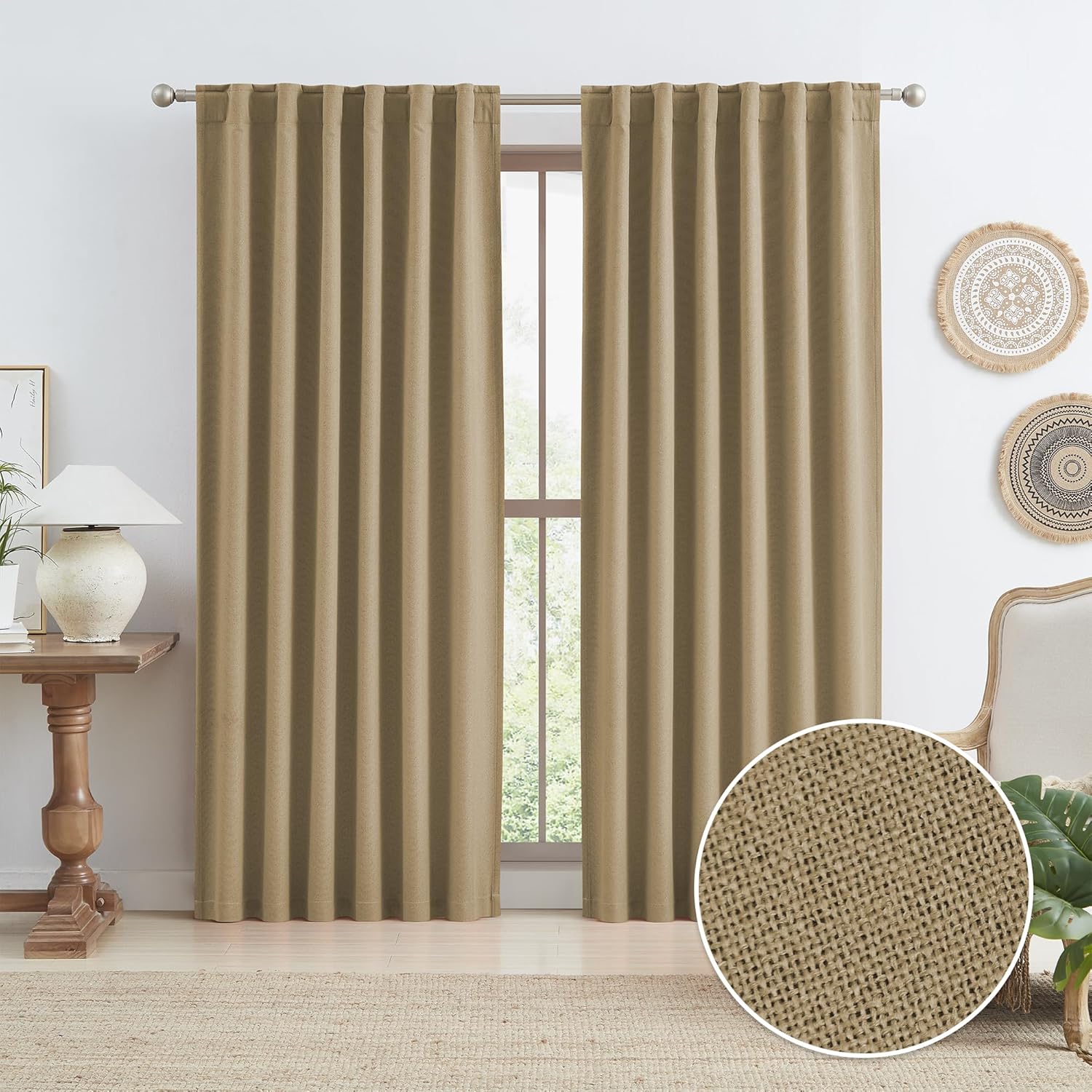 90 Inch Burlap Natural Farmhouse Curtains for Complete Blackout
