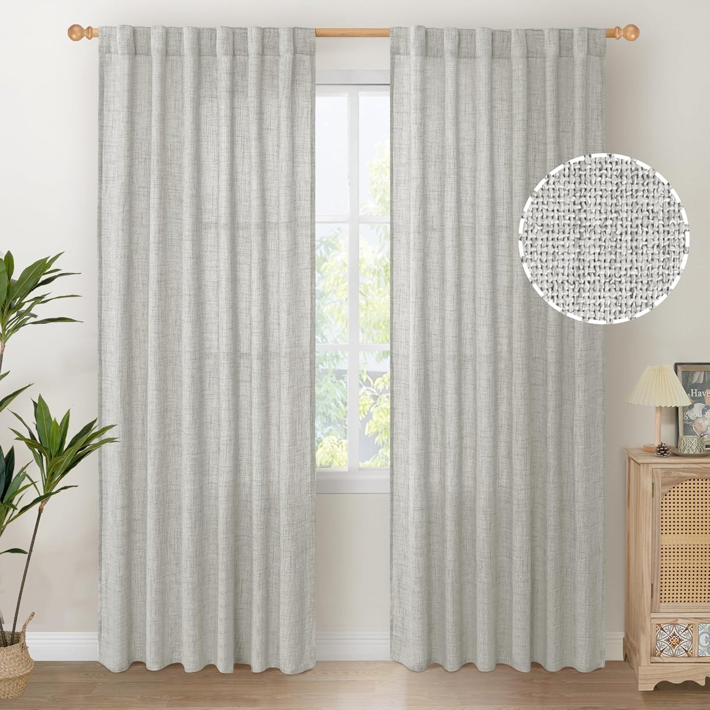Light Grey Linen Semi Sheer Curtains for Living Room 2 Panels