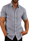 Men's Casual Button Down Linen Shirt - Short Sleeve Beach Dress