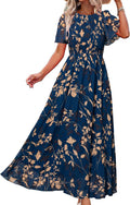 Floral Chiffon Maxi Dress for Women - Smocked Boho Flowy Midi