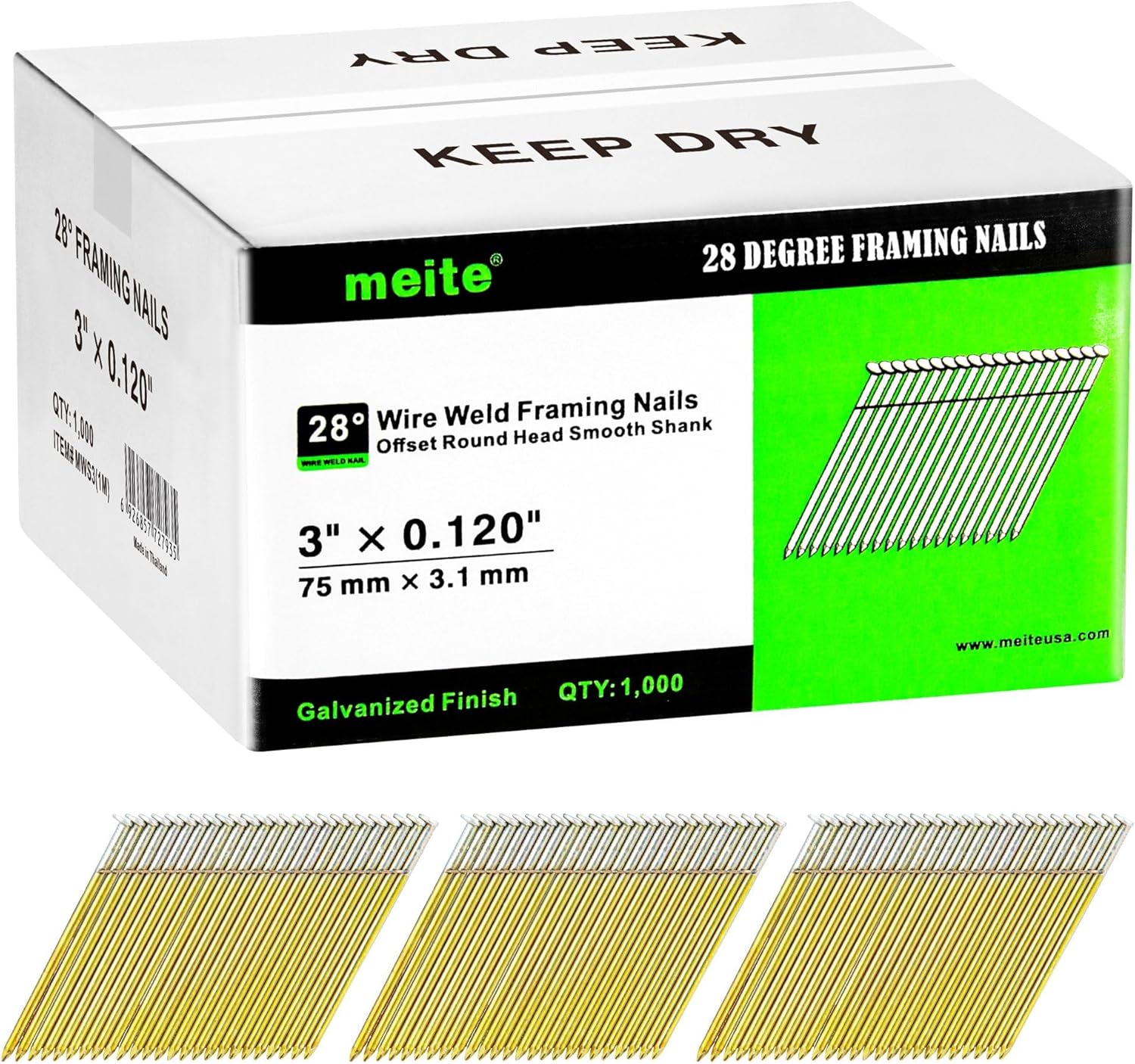 meite 3-Inch Framing Nails for 28 Degree Nailer Gun - 1,000 PCS