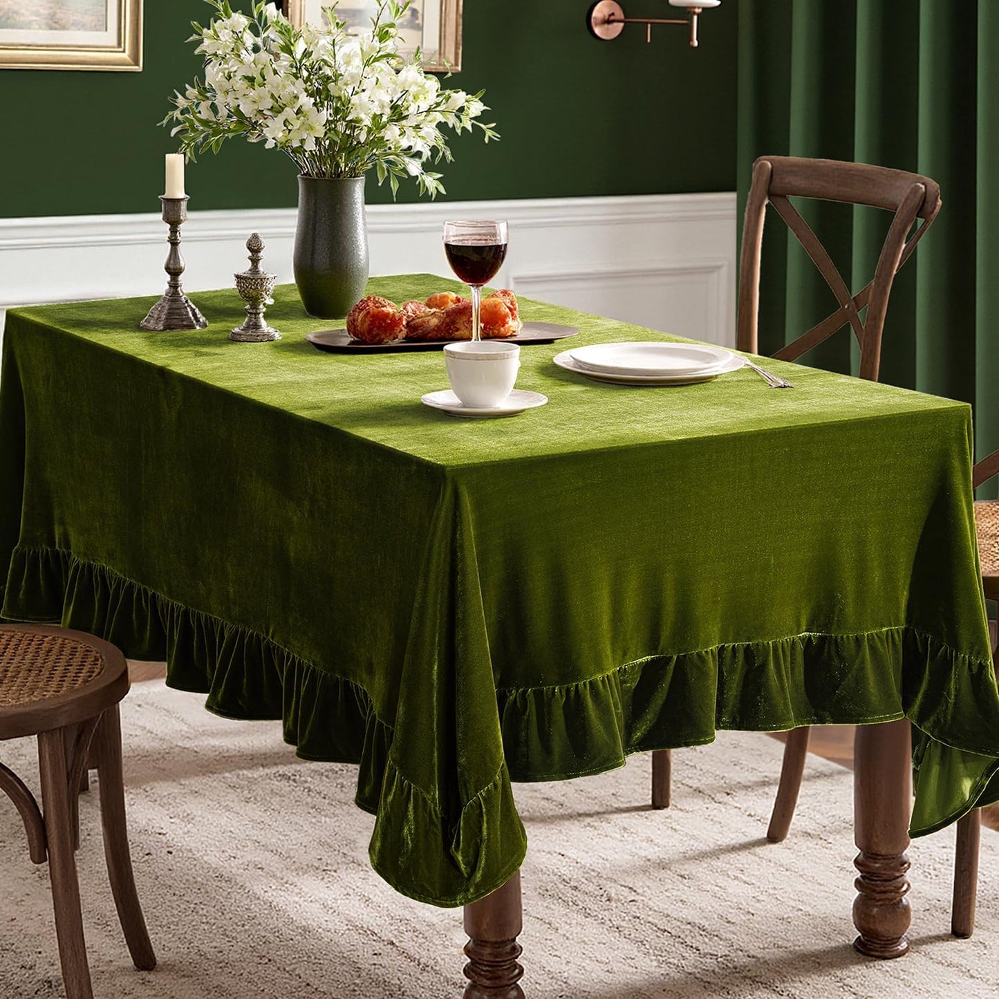 Luxurious MIULEE Velvet Table Cloth with Ruffle Edge for Dining