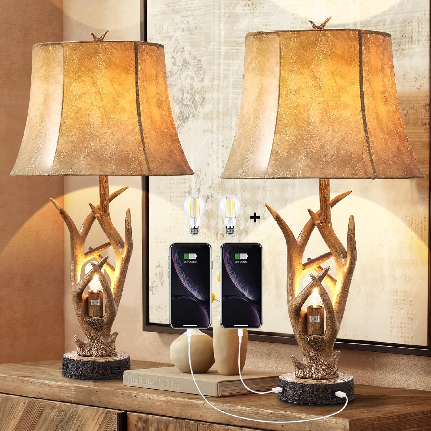 Rustic Western Deer Table Lamps Set with USB Ports and Nightlight