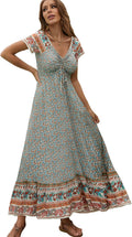 Women's Floral Rayon Maxi Dress - Elastic Square Neck Boho