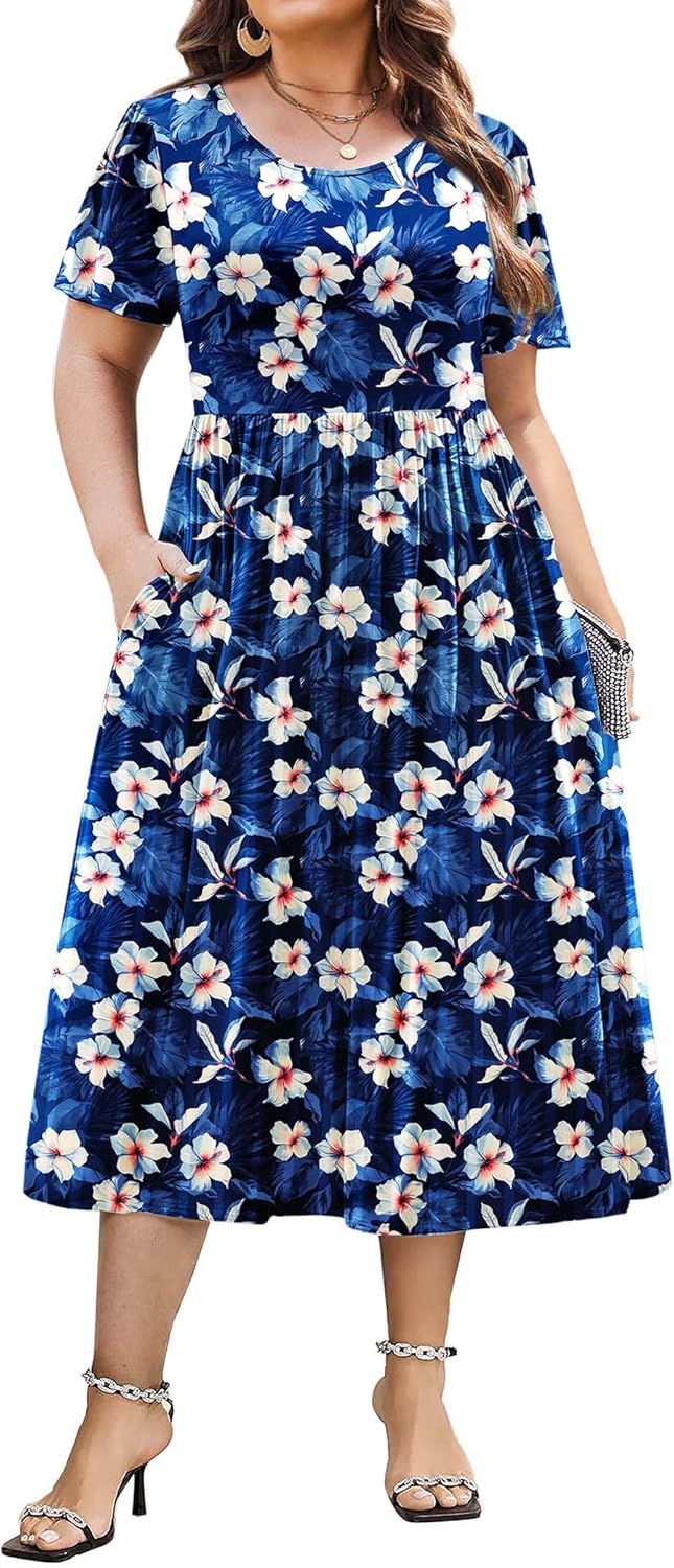 Plus Size Short Sleeve Midi Dress with Pockets for Women