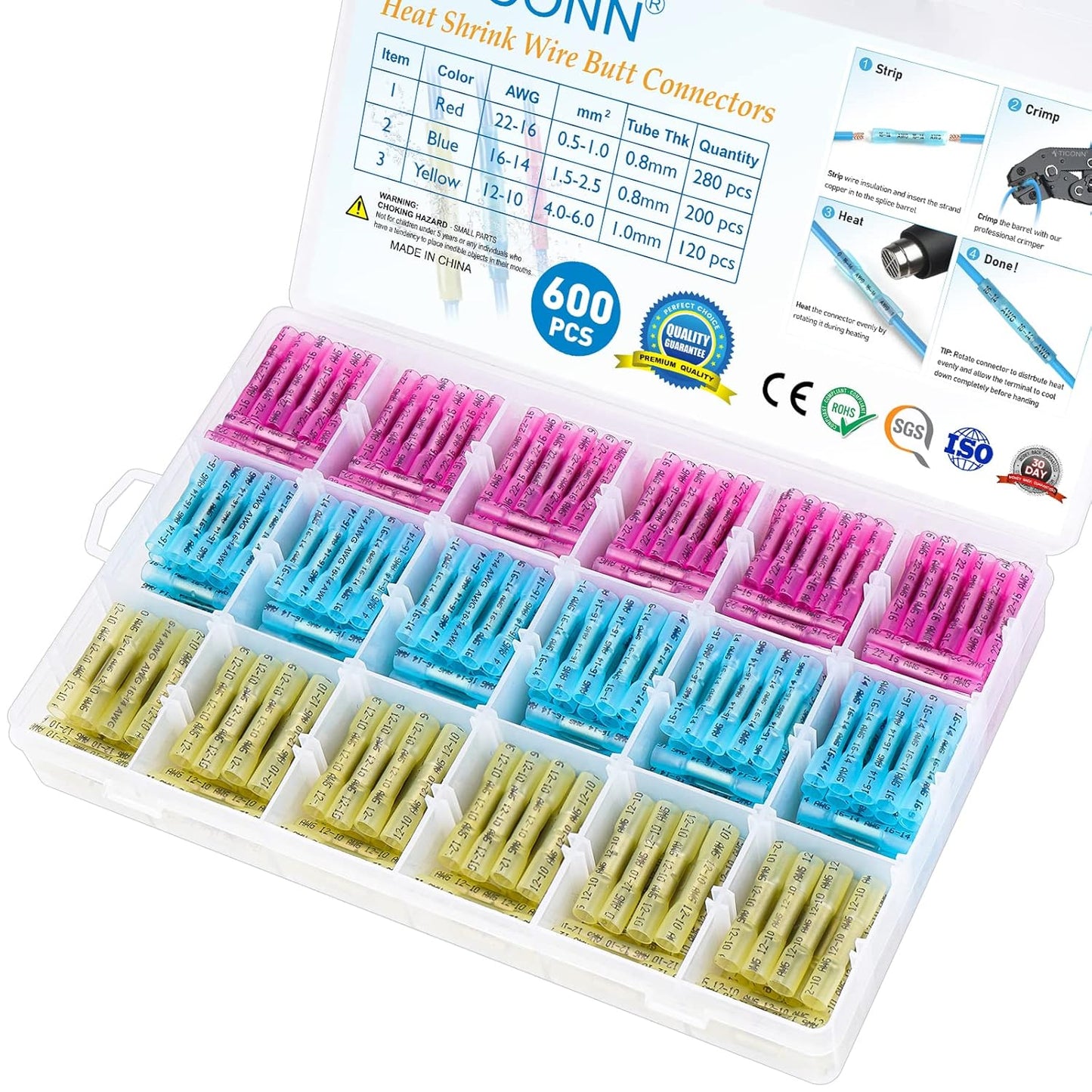TICONN 600PCS Heat Shrink Butt Wire Connector Kit for All Uses