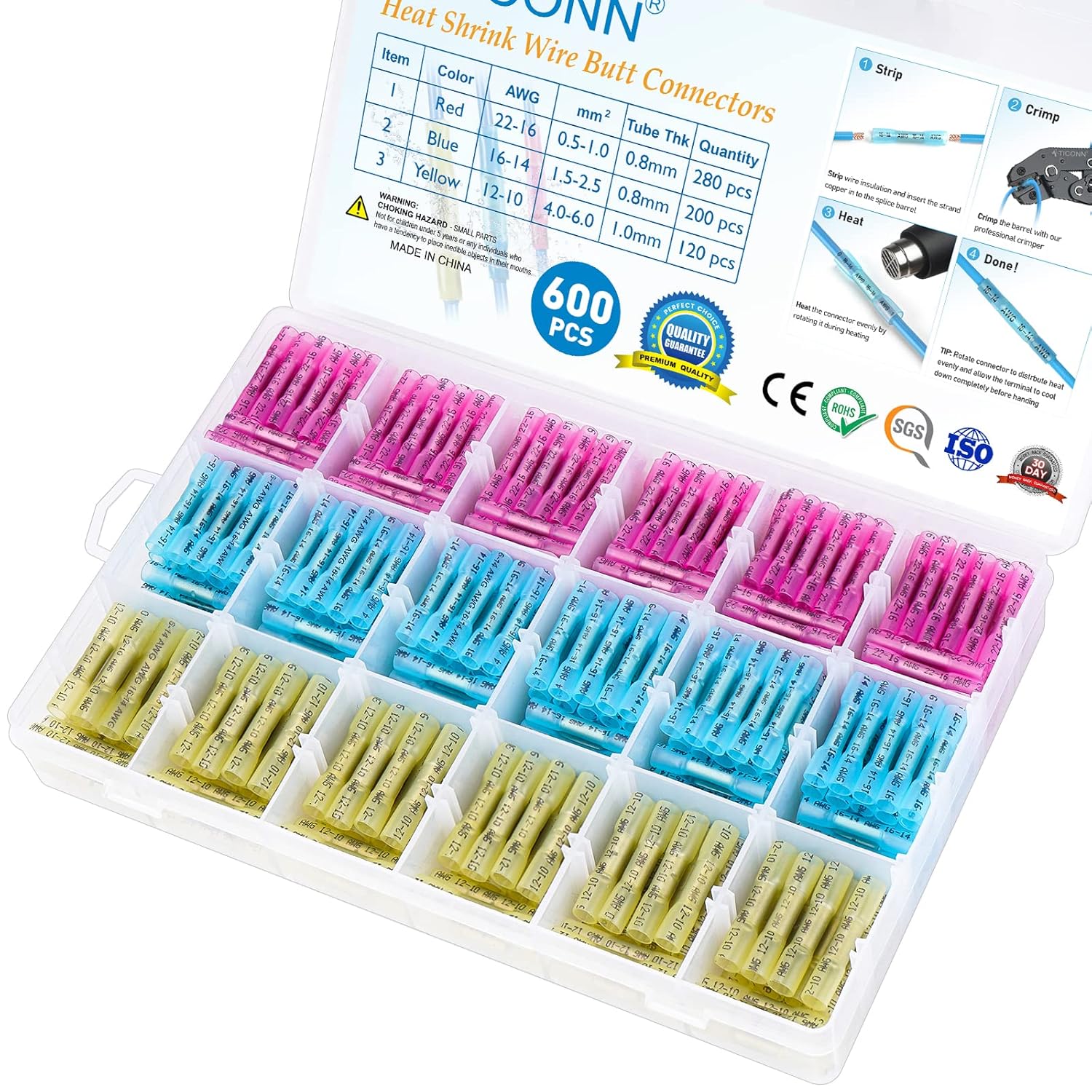 TICONN 600PCS Heat Shrink Butt Wire Connector Kit for All Uses