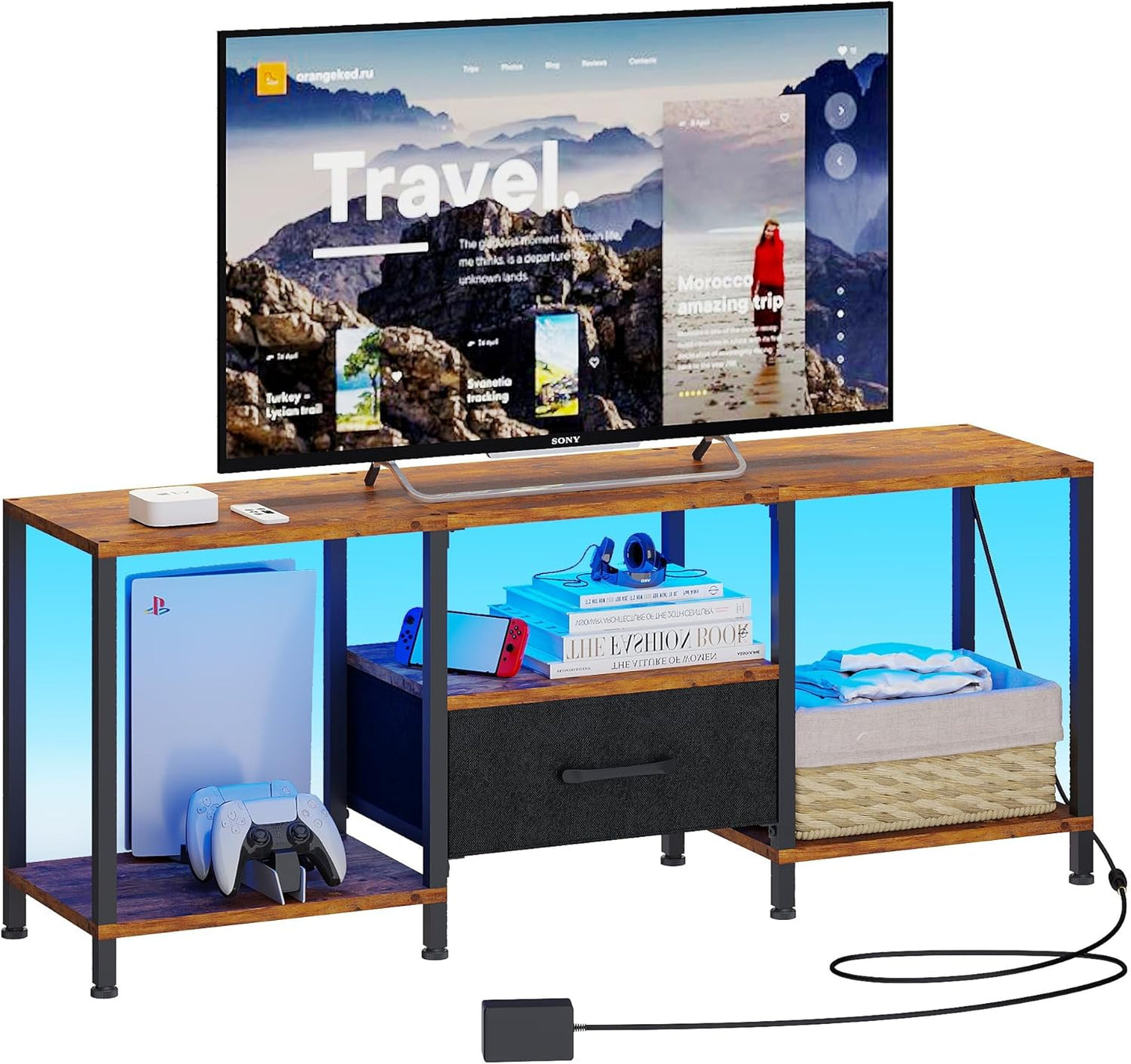 LED TV Stand with Open Shelves and Fabric Drawer for 55 Inch TV