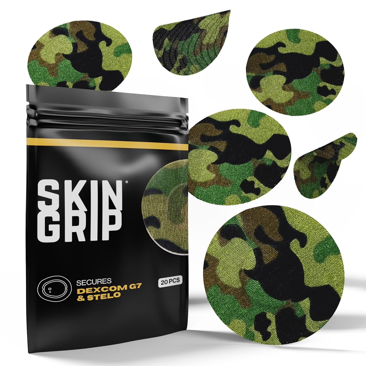 Skin Grip Adhesive Patches for Dexcom G7 & Stelo CGM - Camo