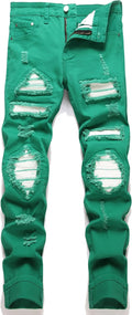 Men's Ripped Patch Elastic Jeans Slim Fit Regular Denim (Style 4B7T)