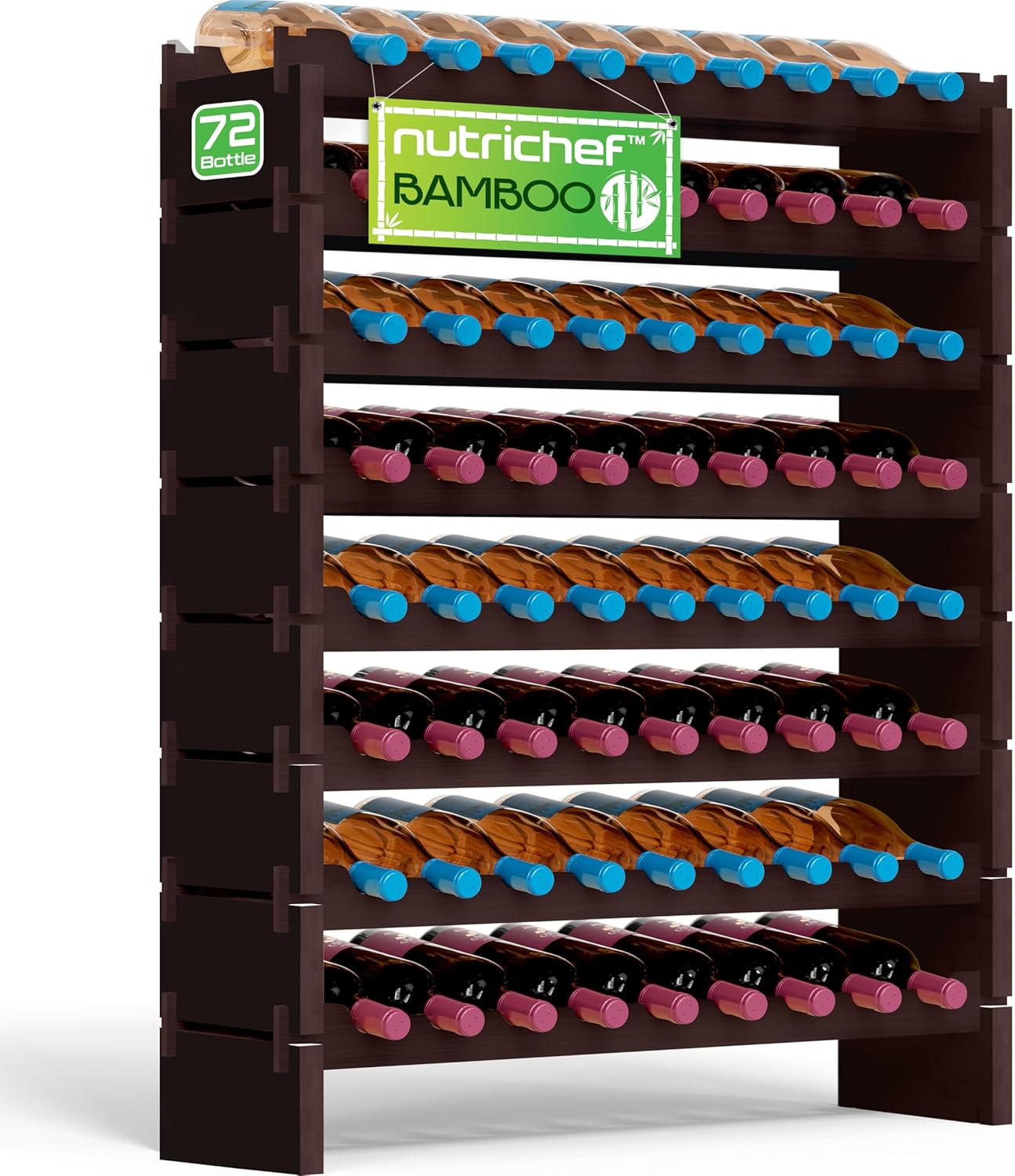 NutriChef Bamboo Stackable Wine Rack for 72 Bottles - Modern Design
