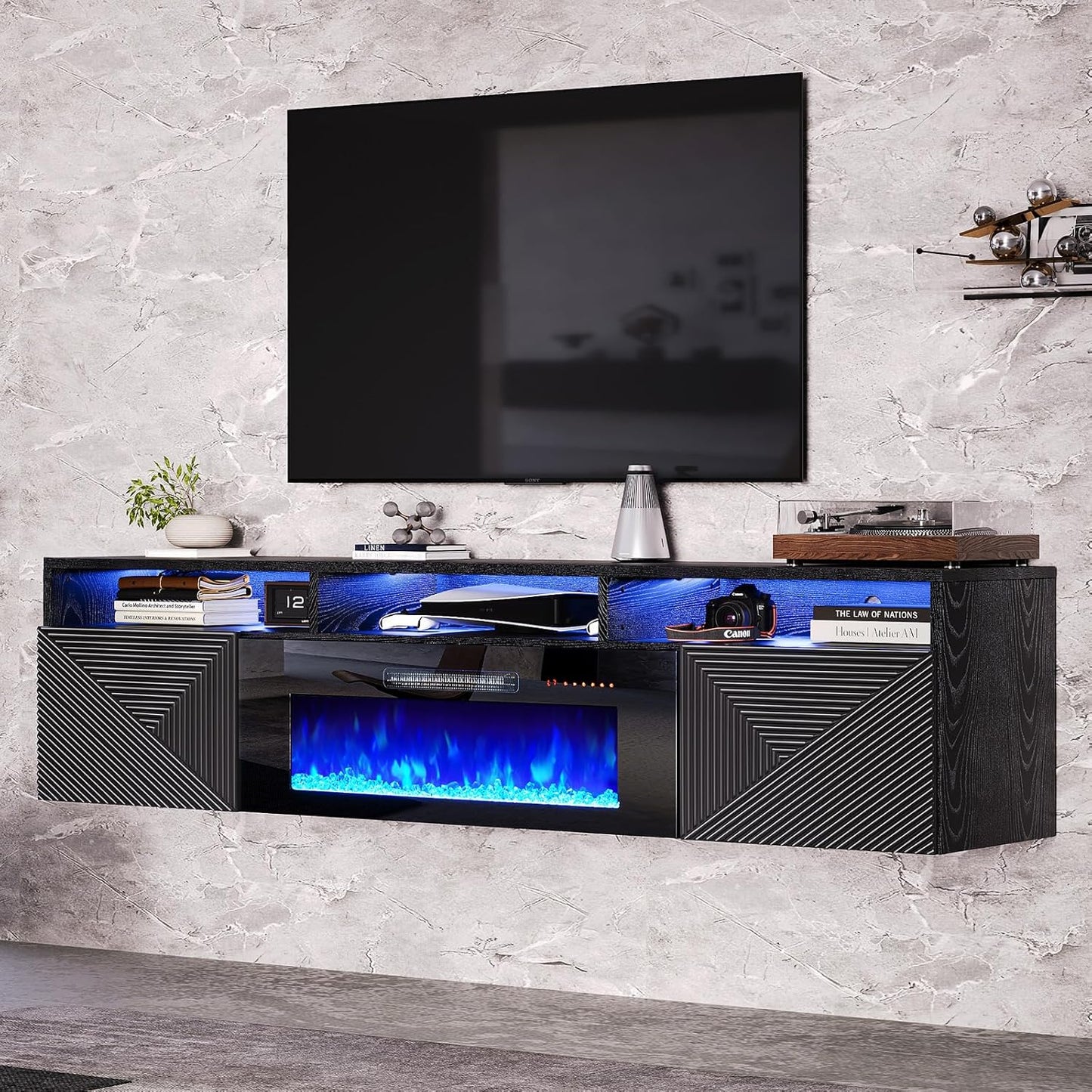 Modern 70in Floating TV Stand With Electric Fireplace