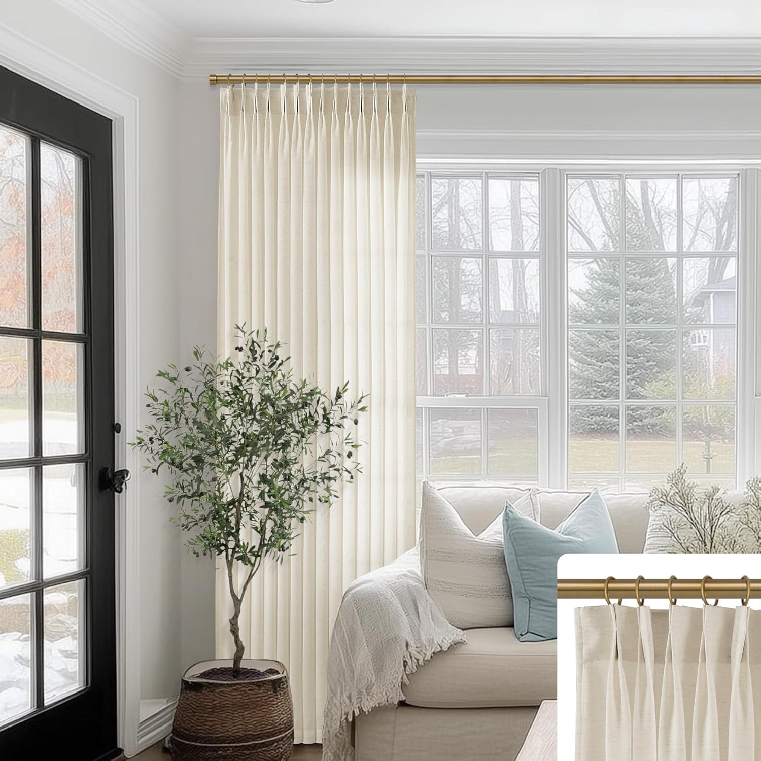 SHINELAND Beige Light Filtering Linen Curtains for Living Room