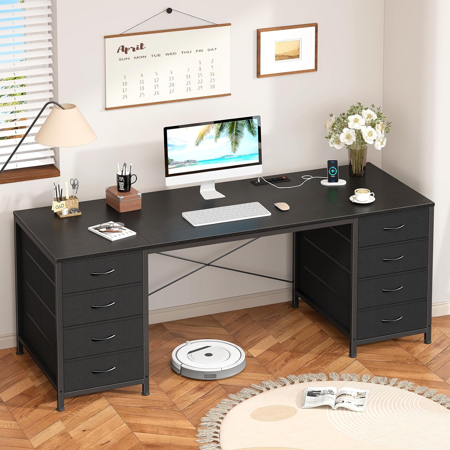 60 Inch Computer Desk with 8 Drawers and Power Outlets