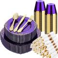 350 PCS Purple and Gold Plastic Plates Disposable Dinnerware Set