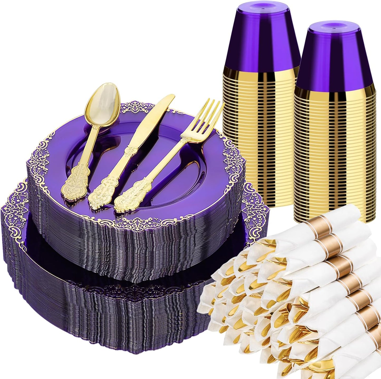 350 PCS Purple and Gold Plastic Plates for Elegant Parties