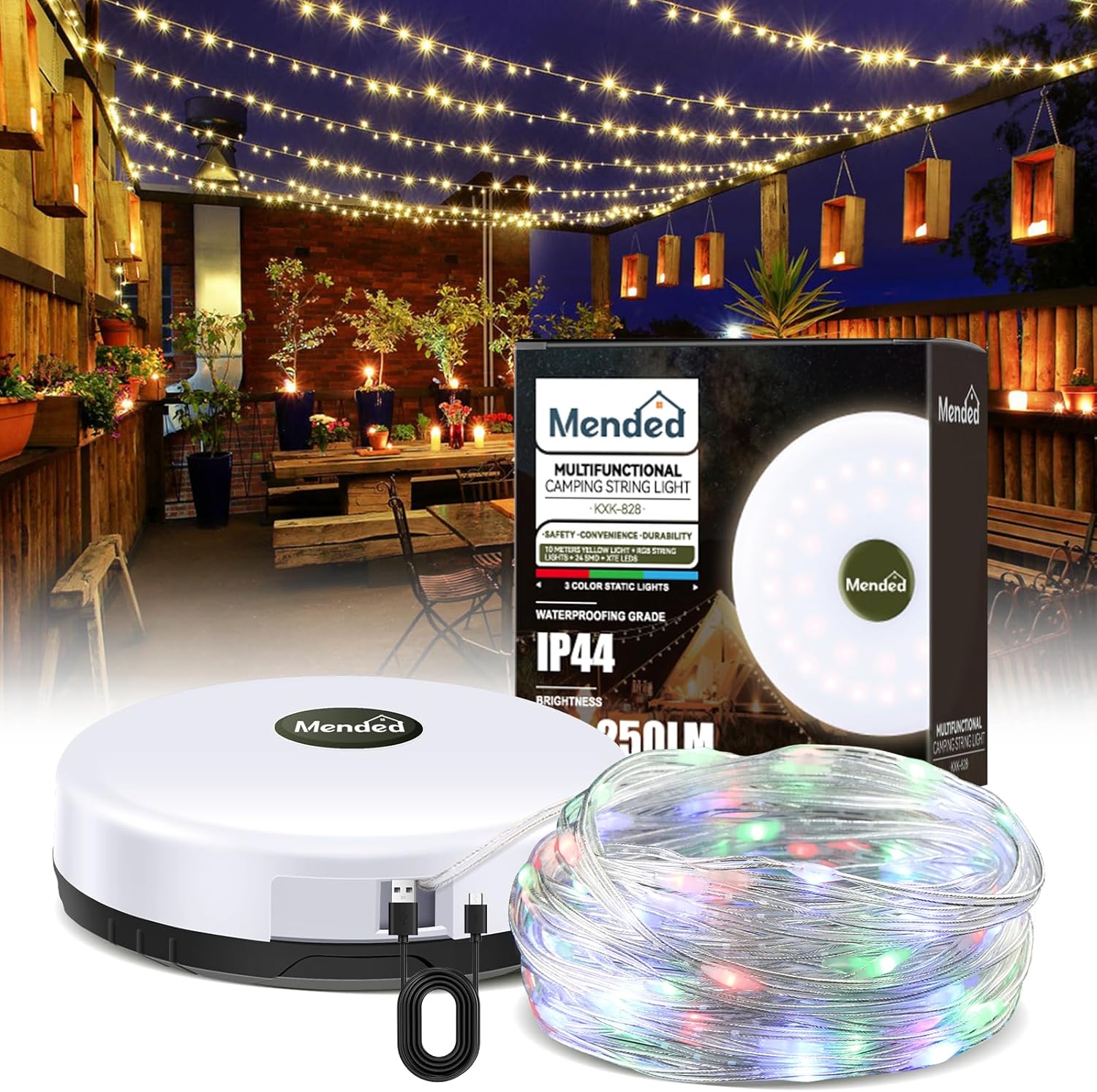MENDED Waterproof Camping String Lights: 8 Modes, 32.8Ft
