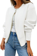 ZESICA Open Front Cardigan Sweater with Pearl Trim - Casual Fall Coat