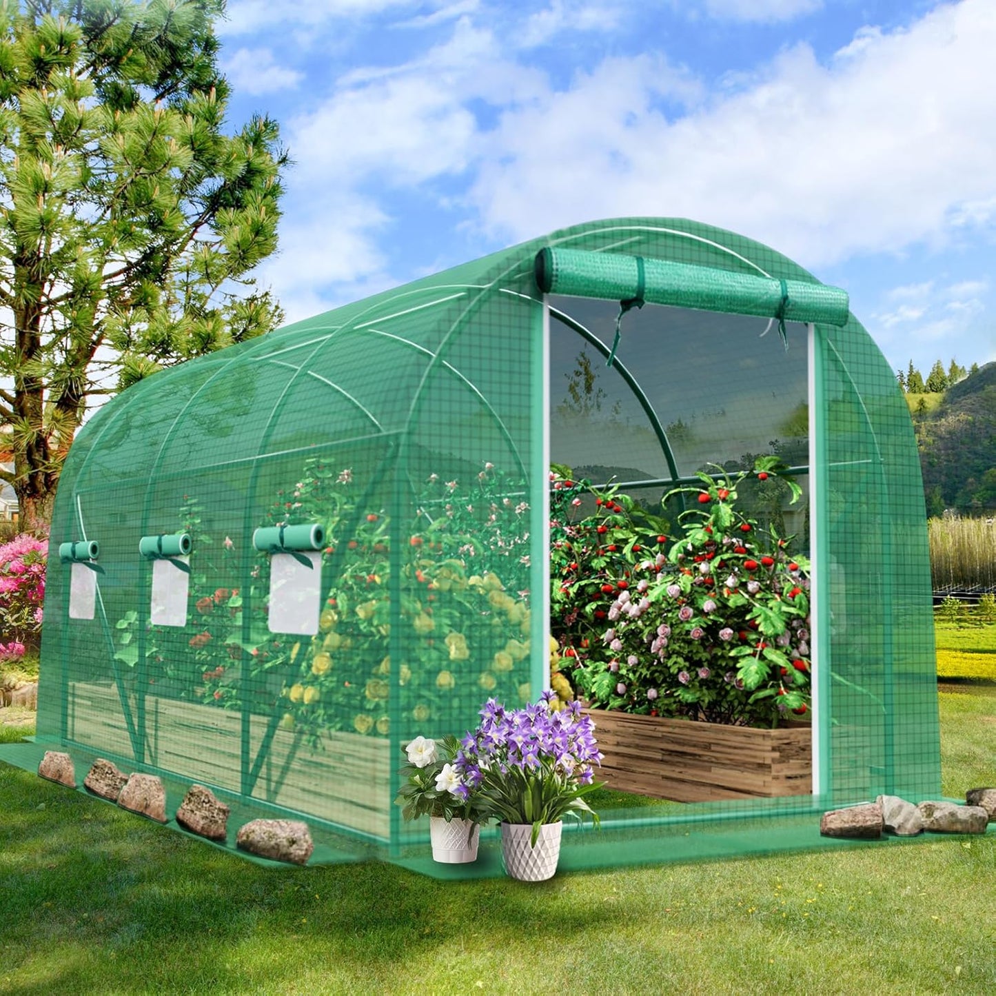 Grezone 10x7x7 FT Walk-in Greenhouse with Dual Zippered Doors