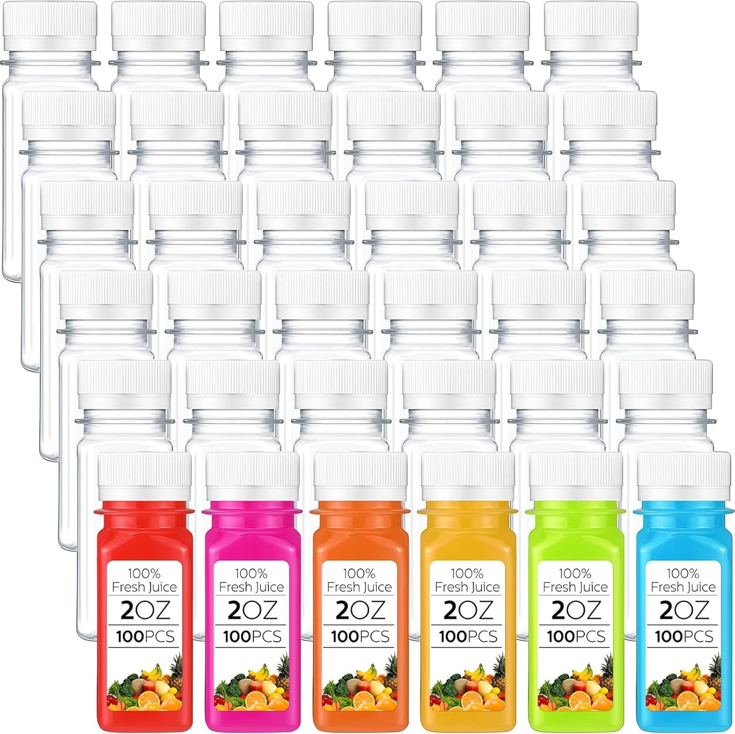2oz Clear Plastic Juice Bottles for Liquids - 100 Pcs Set