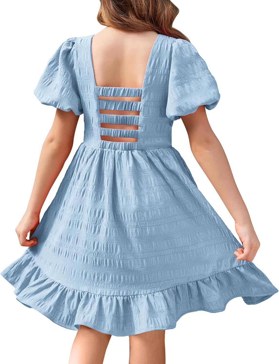 Elegant Backless Dress for Girls with Ruffle Hem and Short Sleeves