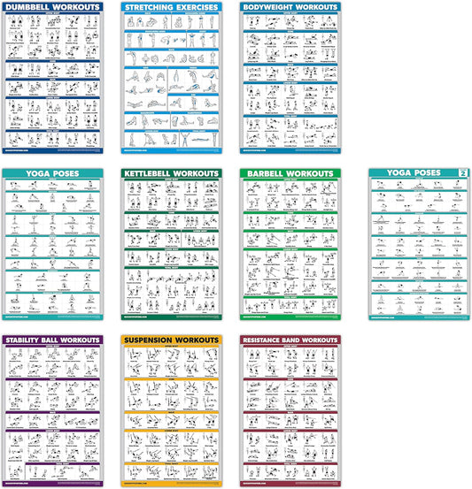 10 Pack Fitness Poster Set - Yoga, Kettlebell, Resistance Bands, and More - Laminated - by Palace Learning