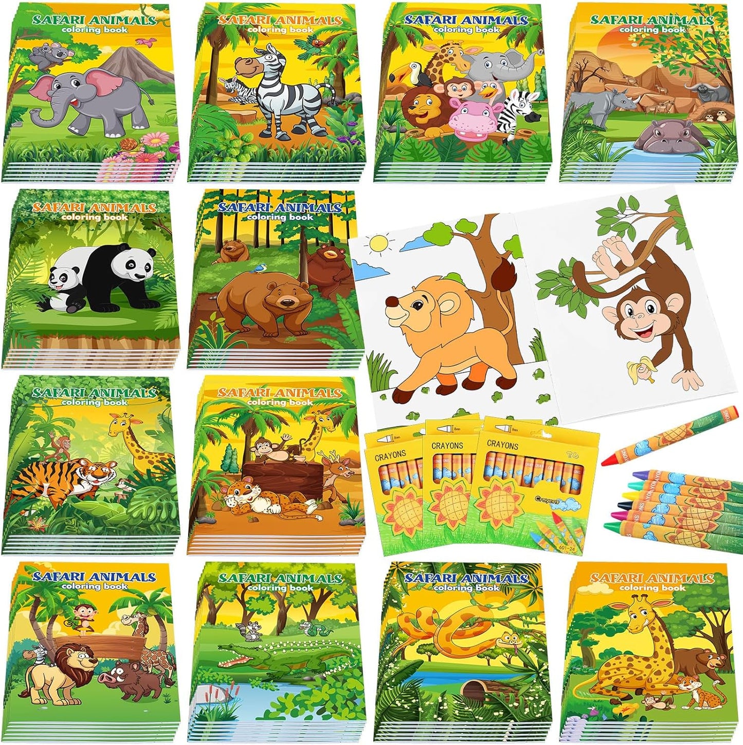 144 Pcs Jungle Safari Coloring Book with Crayons Set for Kids