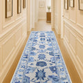 Navy Blue Oushak Runner Rug - Washable Short Runner for Hallway