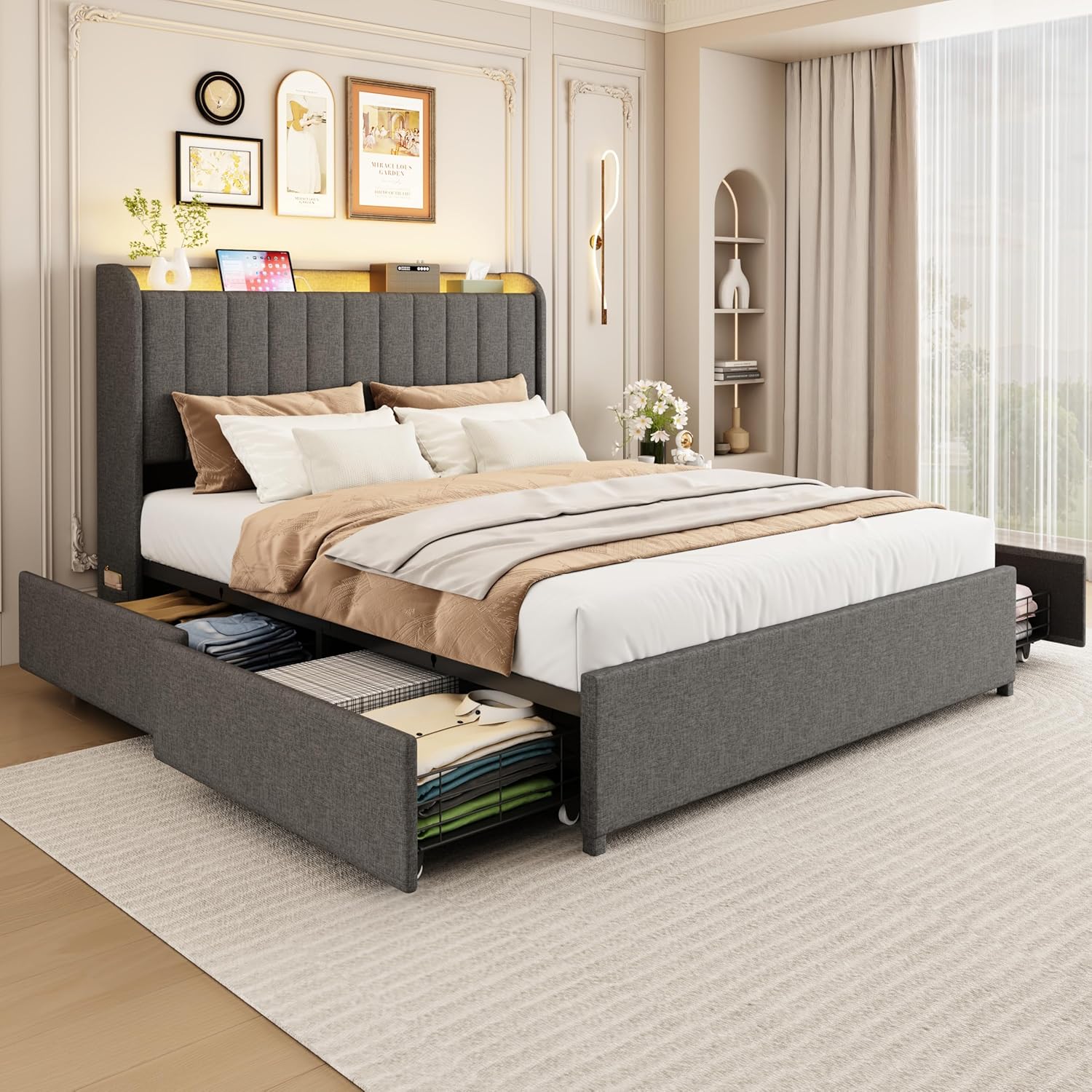Full Bed Frame with 4 Storage Drawers and LED Lighting Features