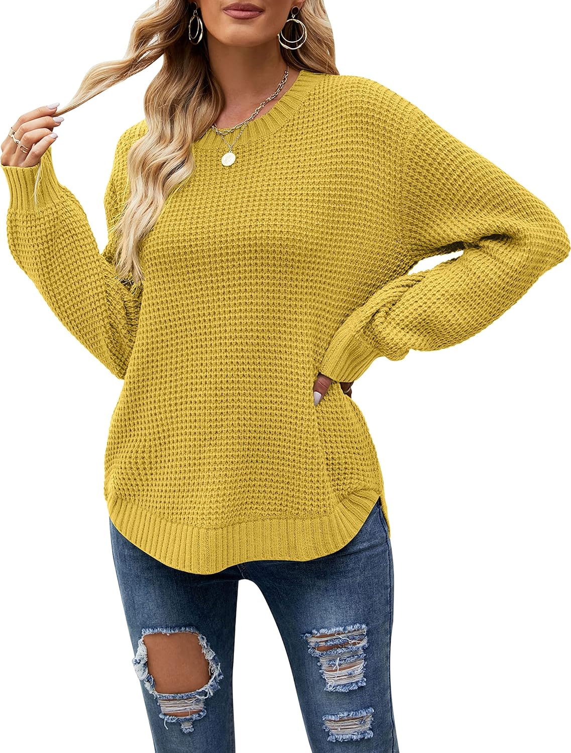 Waffle Knit Pullover Tops for Women - Casual Fall Sweater