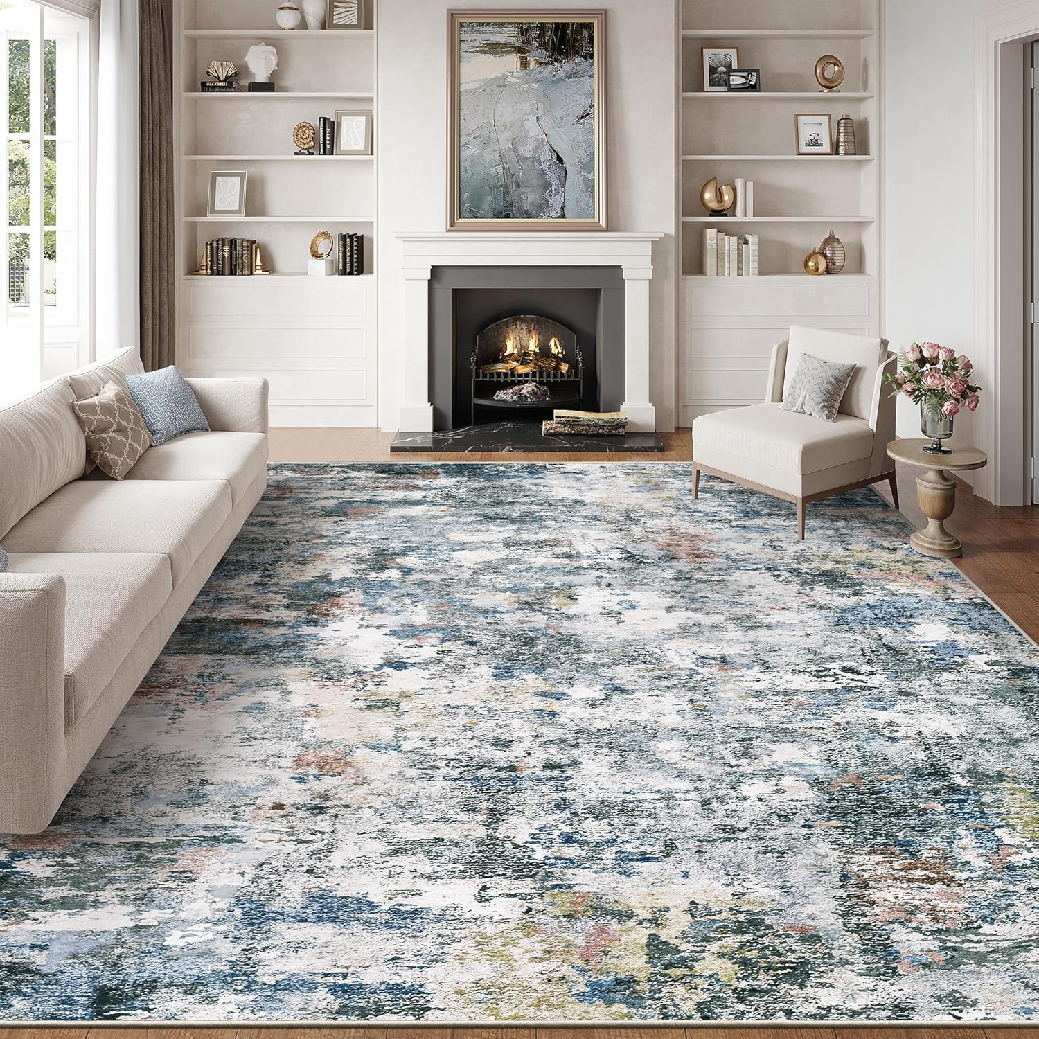 8x10 Washable Area Rug - Modern Abstract Distressed Carpet