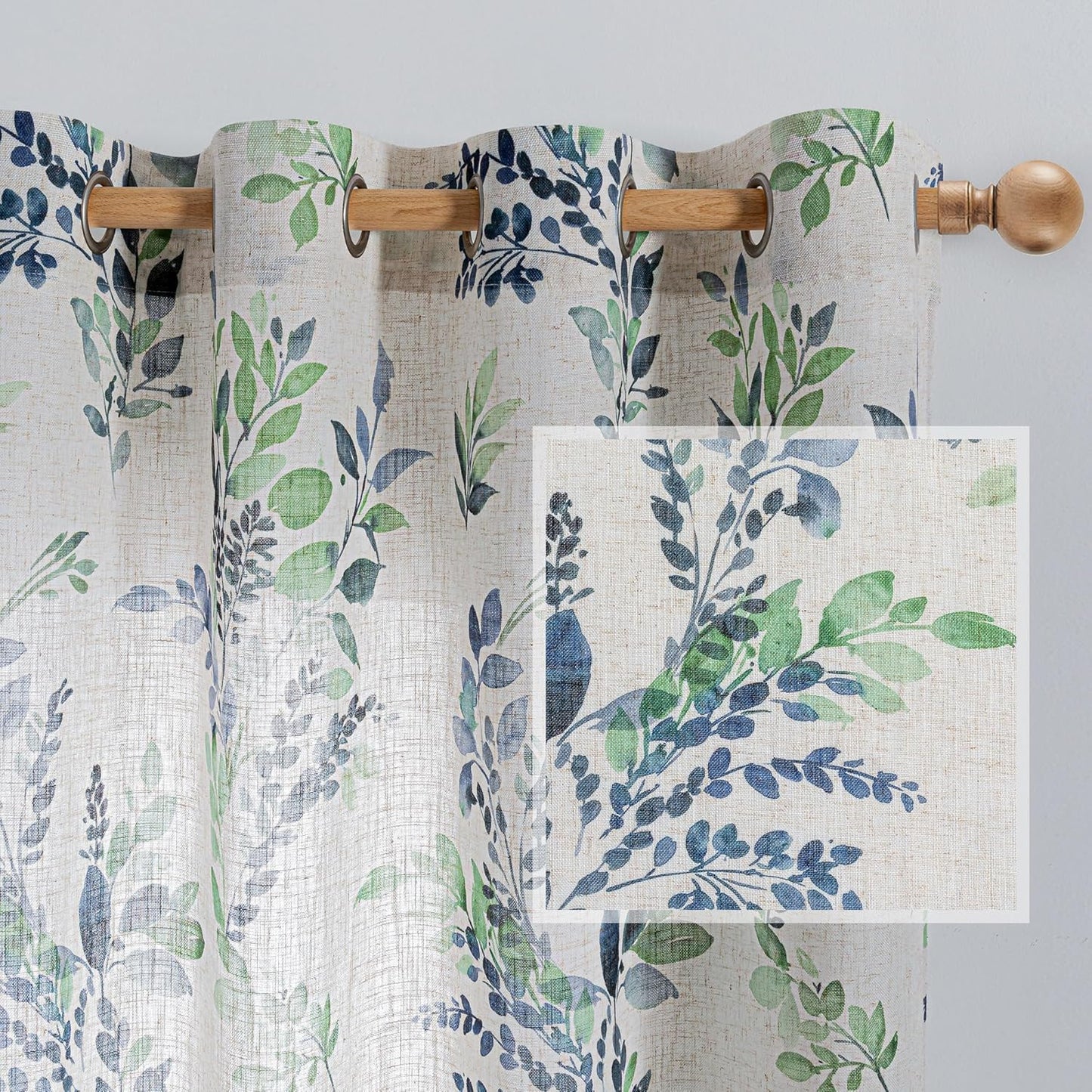 MYSKY HOME Linen Sheer Curtains with Leaf Pattern for Decor