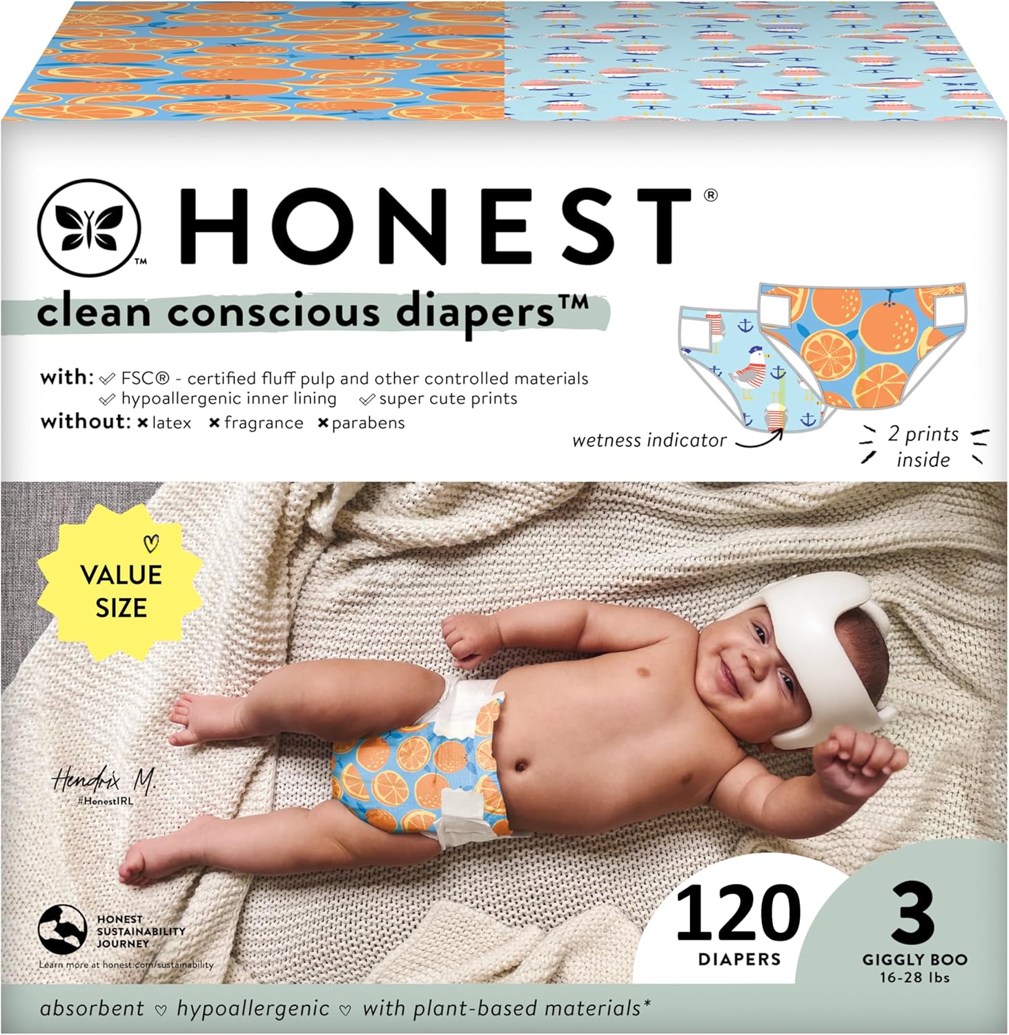 Honest Co. Plant-Based Diapers | Orange You Cute | Size 3, 120 Count