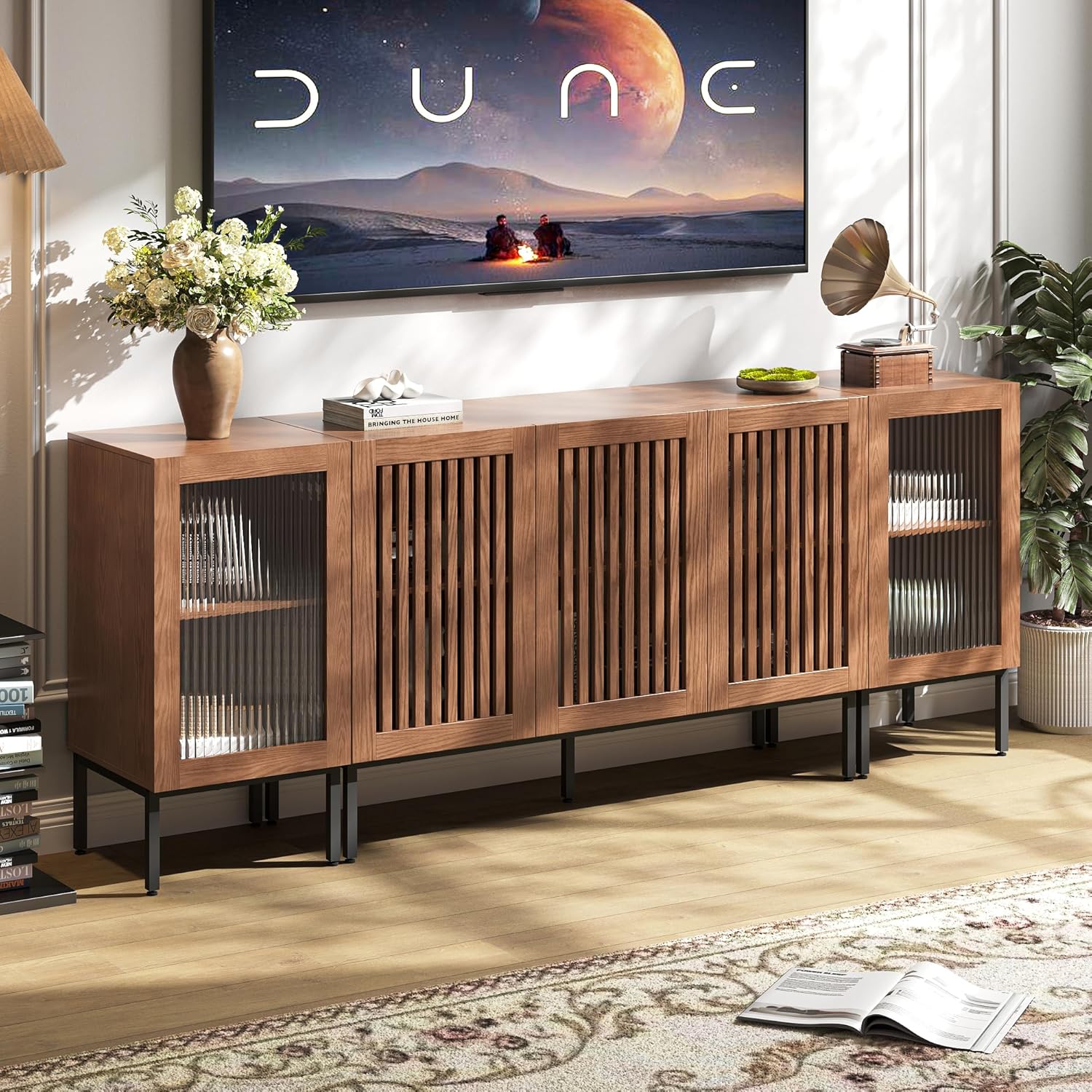 Rustic TV Stand w/ Storage & Glass Doors for 85 TVs