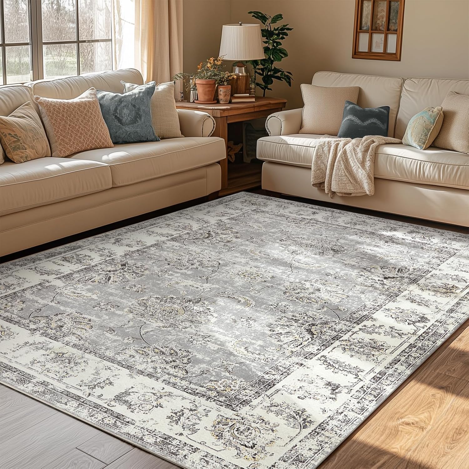 Vintage Floral 5x7 Area Rugs for Bedroom - Machine Washable