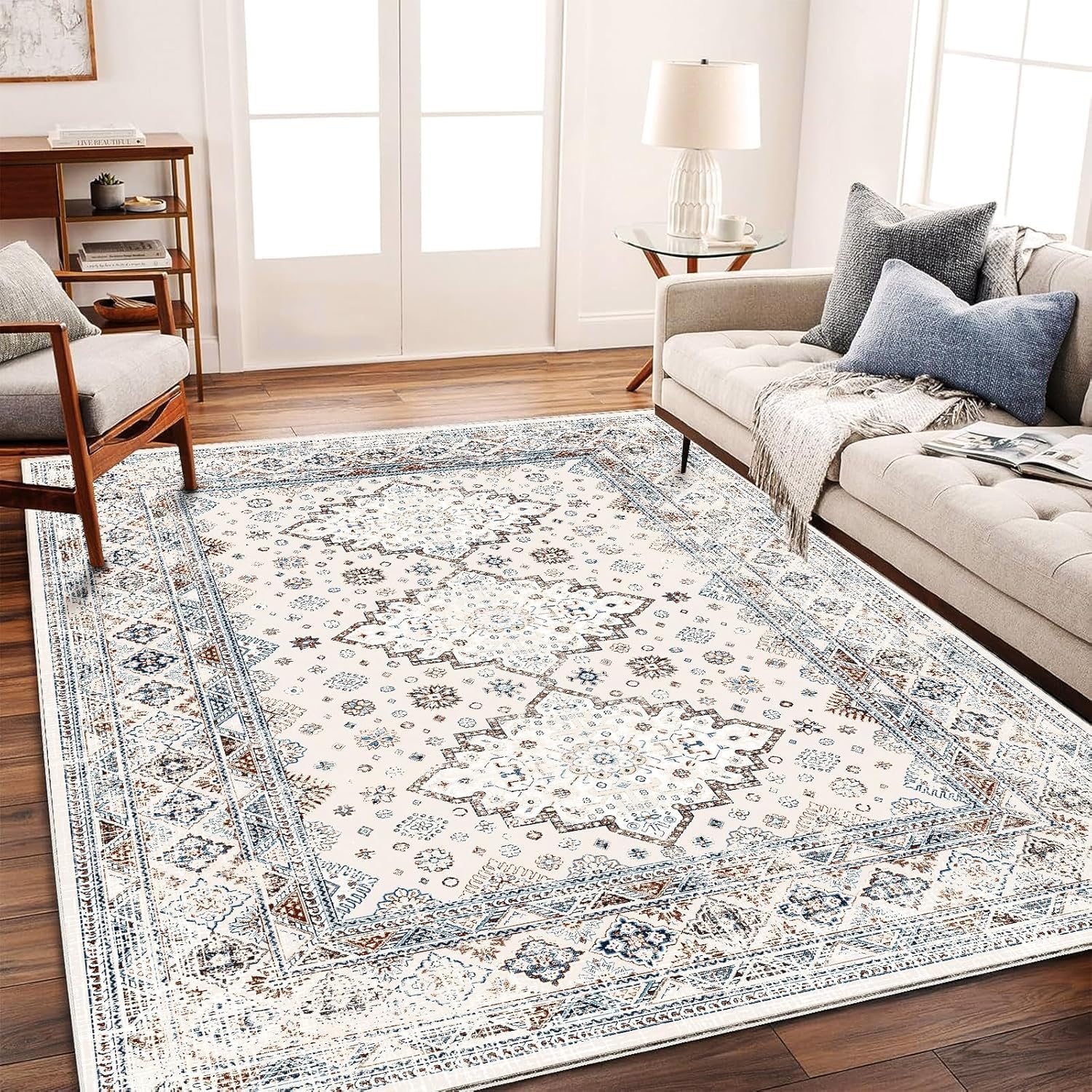 Washable Area Rug 9x12 Retro Flowers Boho Design for Home